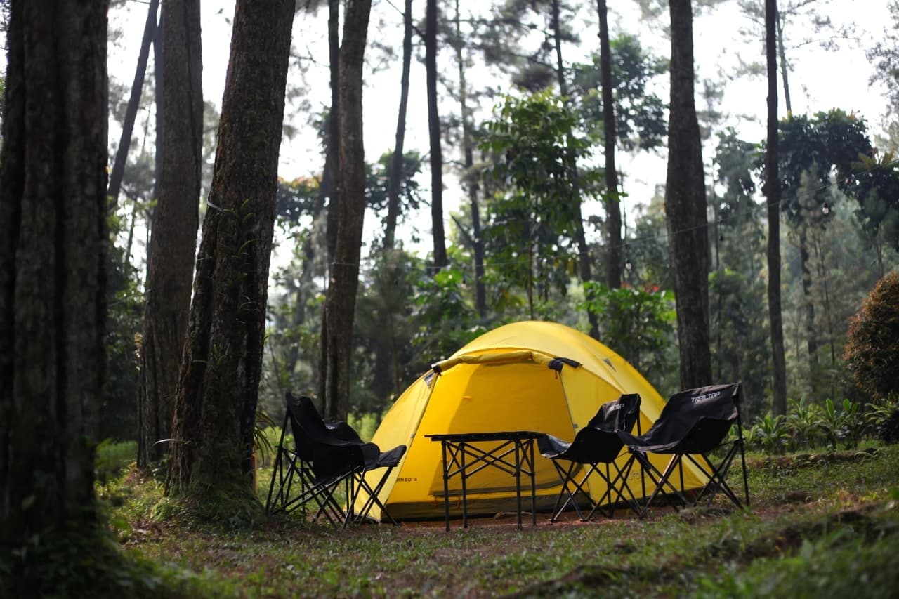 Suasana malam api unggun bersama peserta di area camping dengan langit penuh bintang.